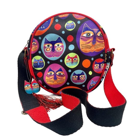 Laurel Burch Feline Faces Round Crossbody Purse Bag Cats Kitty Multicolored - Picture 2 of 10